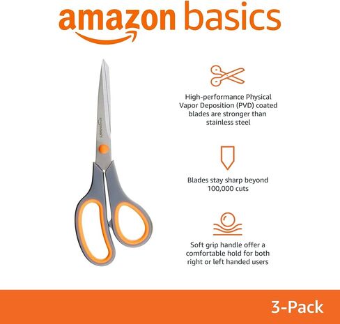 Amazon Basics، متعدد الأغراض، قبضة مريحة، مطلي بمادة PVD، مقص مكتب من الفولاذ المقاوم للصدأ، رمادي، عبوة واحدة in Saudi Arabia
