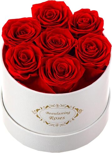 Preserved Roses in a Box Long Lasting Roses Last a Year Forever Romantic Gifts for Her Mother's Day Valentine's Day Anniversary Birthday (Round White Box, 7 Red Roses) in Saudi Arabia