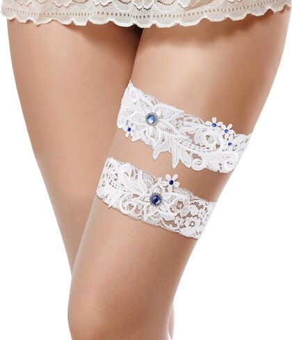 2 Pcs Wedding Garter for Bride White Lace Garter Floral Garters with Blue Rhinestone Stretch Bridal Garter Leg Wedding Garters Soft Garter Belt for Bride Wedding Day Party in Saudi Arabia