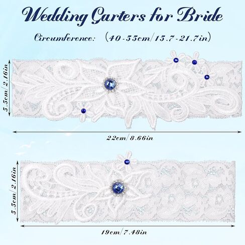 2 Pcs Wedding Garter for Bride White Lace Garter Floral Garters with Blue Rhinestone Stretch Bridal Garter Leg Wedding Garters Soft Garter Belt for Bride Wedding Day Party in Saudi Arabia