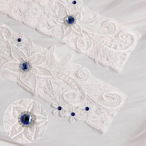 2 Pcs Wedding Garter for Bride White Lace Garter Floral Garters with Blue Rhinestone Stretch Bridal Garter Leg Wedding Garters Soft Garter Belt for Bride Wedding Day Party in Saudi Arabia