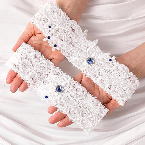 2 Pcs Wedding Garter for Bride White Lace Garter Floral Garters with Blue Rhinestone Stretch Bridal Garter Leg Wedding Garters Soft Garter Belt for Bride Wedding Day Party in Saudi Arabia