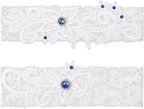 2 Pcs Wedding Garter for Bride White Lace Garter Floral Garters with Blue Rhinestone Stretch Bridal Garter Leg Wedding Garters Soft Garter Belt for Bride Wedding Day Party in Saudi Arabia