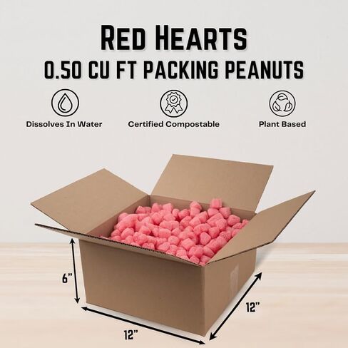 Magicwater Supply - .5 Cu Ft - Red Heart Shaped Recycled Anti Static Packing Peanuts - Compostable & Biodegradable Cushion for Shipping - Dust-Free & Abrasion Resistant - Void Filler in Saudi Arabia