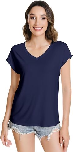 NACHILA Women's T Shirts-Viscose Made from Bamboo, V Neck Tee Shirts Cap Sleeve Casual Top Summer Trendy Basics Tees in Kuwait