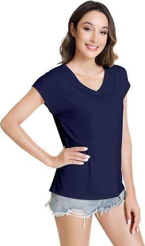 NACHILA Women's T Shirts-Viscose Made from Bamboo, V Neck Tee Shirts Cap Sleeve Casual Top Summer Trendy Basics Tees in Kuwait