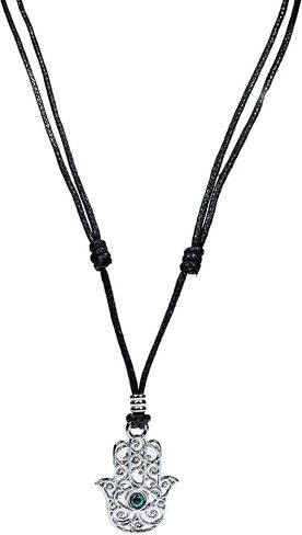 BlueRica Hamsa Hand of Fatima & Blue Sun Eye Pendant on Adjustable Black Rope Cord Necklace (Chrome Finish) in Saudi Arabia