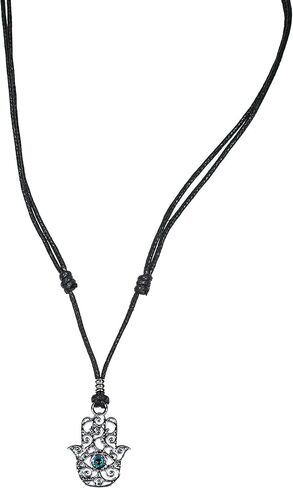 BlueRica Hamsa Hand of Fatima & Blue Sun Eye Pendant on Adjustable Black Rope Cord Necklace (Chrome Finish) in Saudi Arabia