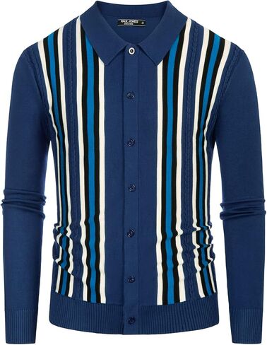 PJ PAUL JONES Mens Vintage Striped Knit Polo Shirt Long Sleeve Button Down Cardigan Sweater in Kuwait