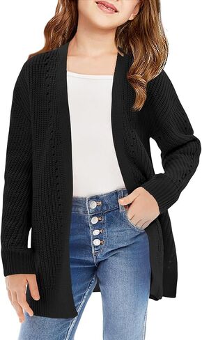 Haloumoning Girls Open Front Cardigan Sweaters Kids Fall Fashion Side Slit Outerwear 5-14 Years in Kuwait
