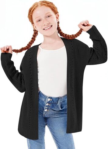 Haloumoning Girls Open Front Cardigan Sweaters Kids Fall Fashion Side Slit Outerwear 5-14 Years in Kuwait