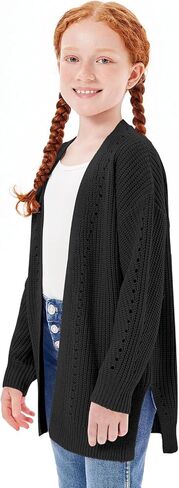 Haloumoning Girls Open Front Cardigan Sweaters Kids Fall Fashion Side Slit Outerwear 5-14 Years in Kuwait