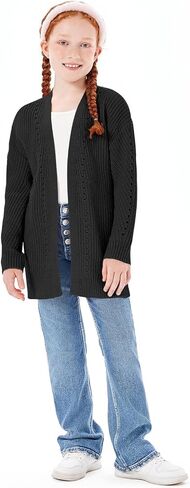 Haloumoning Girls Open Front Cardigan Sweaters Kids Fall Fashion Side Slit Outerwear 5-14 Years in Kuwait