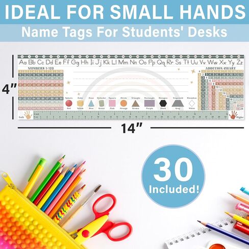 30 Colorful Desk Name Tags for Classroom (17x4) - Traditional Manuscript Name Plates - Student Name Tags for Desks Classroom Learning Handwriting Alphabet, Number Line, Colors, Shapes, Number in Saudi Arabia