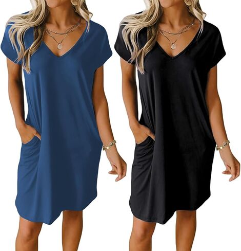 Ekouaer Womens 2 Pack Nightgown V Neck Sleepshirt Short Sleeve Nightshirt Plain/Floral Pajama Dress with Pockets in Kuwait
