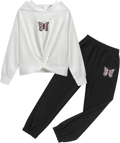 Arshiner Girl's 2 Piece Outfits Tie-dye Twist Front Pullover Hooded Sweatsuits Sweatshirt and Sweatpants Clothing Set in Saudi Arabia