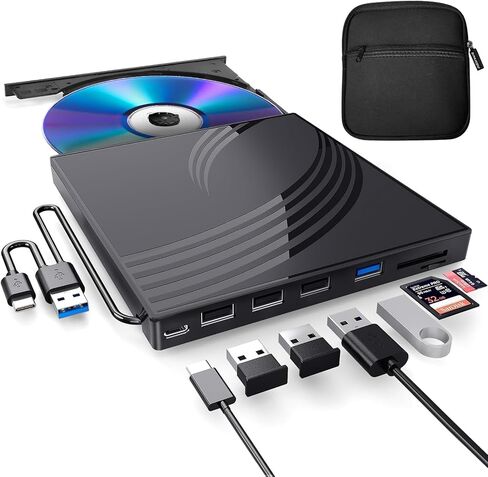[8 in 1] External CD/DVD Drive for Laptop, USB 3.0 Ultra Slim External CD/DVD Player with 4 USB-A Ports, 1 Type-C Port, 2 TF/SD Card Slots, External CD/DVD Burner Compatible with macOS/Windows/Linux in Saudi Arabia