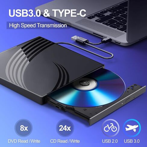 [8 in 1] External CD/DVD Drive for Laptop, USB 3.0 Ultra Slim External CD/DVD Player with 4 USB-A Ports, 1 Type-C Port, 2 TF/SD Card Slots, External CD/DVD Burner Compatible with macOS/Windows/Linux in Saudi Arabia