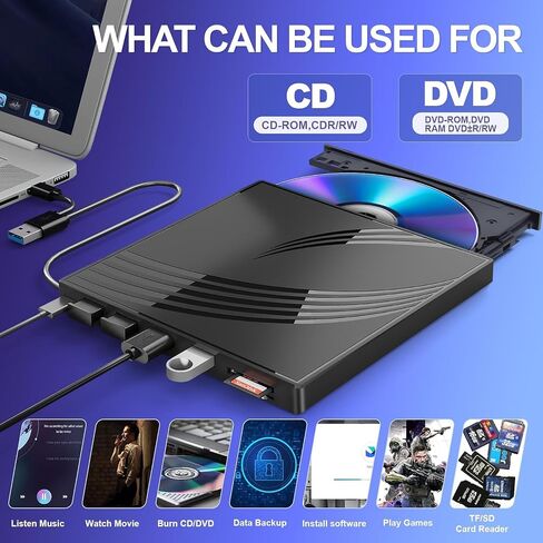[8 in 1] External CD/DVD Drive for Laptop, USB 3.0 Ultra Slim External CD/DVD Player with 4 USB-A Ports, 1 Type-C Port, 2 TF/SD Card Slots, External CD/DVD Burner Compatible with macOS/Windows/Linux in Saudi Arabia
