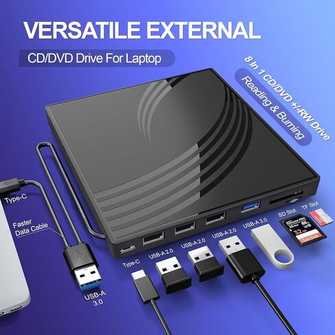 [8 in 1] External CD/DVD Drive for Laptop, USB 3.0 Ultra Slim External CD/DVD Player with 4 USB-A Ports, 1 Type-C Port, 2 TF/SD Card Slots, External CD/DVD Burner Compatible with macOS/Windows/Linux in Saudi Arabia