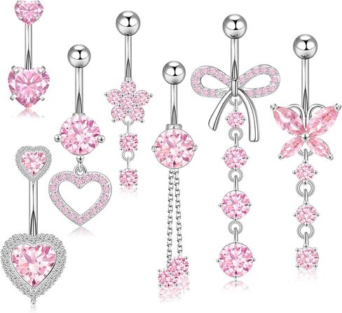 14G Belly Button Ring Dangle Belly Button Piercing Surgical Stainless Steel Belly Rings Cute CZ Heart Butterfly Flower Dangling Belly Piercing Jewelry for Women 7Pcs in Saudi Arabia