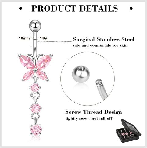 14G Belly Button Ring Dangle Belly Button Piercing Surgical Stainless Steel Belly Rings Cute CZ Heart Butterfly Flower Dangling Belly Piercing Jewelry for Women 7Pcs in Saudi Arabia