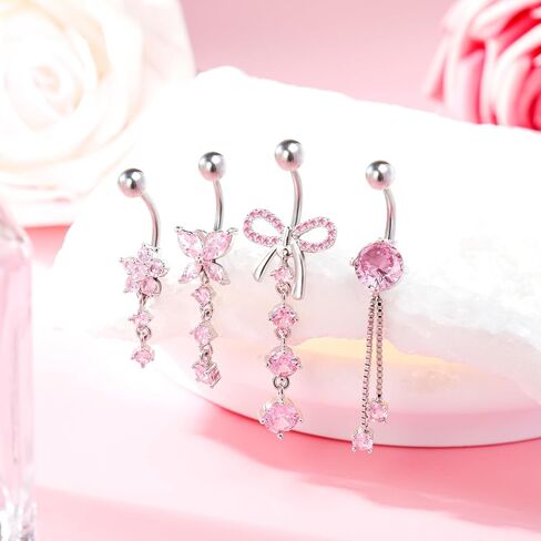 14G Belly Button Ring Dangle Belly Button Piercing Surgical Stainless Steel Belly Rings Cute CZ Heart Butterfly Flower Dangling Belly Piercing Jewelry for Women 7Pcs in Saudi Arabia