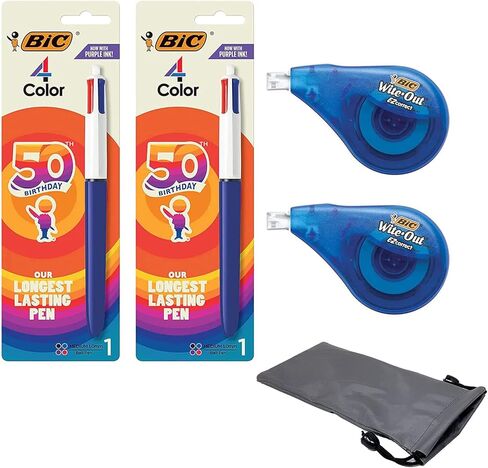 BIC Medium Point Ball Pen, 4 Colors, Assorted Ink and Wite Out Correction Tape - Bundle (Pen 2-Count, Wite Out 2-Count, Pouch Case Included) in Saudi Arabia