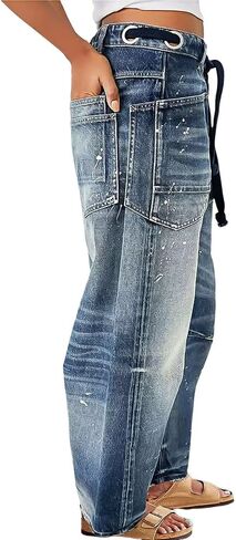 Flamingals Wide Leg Mid Waist Causal Baggy Barrel Jeans for Women Drawstring Eyelet Waist Denim Pants in Saudi Arabia