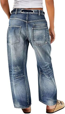 Flamingals Wide Leg Mid Waist Causal Baggy Barrel Jeans for Women Drawstring Eyelet Waist Denim Pants in Saudi Arabia