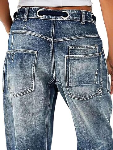 Flamingals Wide Leg Mid Waist Causal Baggy Barrel Jeans for Women Drawstring Eyelet Waist Denim Pants in Saudi Arabia