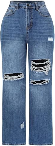 THUNDER STAR Womens High Waisted Wide Leg Jeans Stretchy Distressed Denim Pants in Saudi Arabia