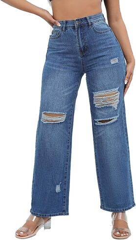 THUNDER STAR Womens High Waisted Wide Leg Jeans Stretchy Distressed Denim Pants in Saudi Arabia