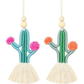 2 Pieces Car Diffuser Wooden Beads Essential Oil Diffuser Rear View Mirror Charm Handmade Car Accessories Hanging Air Freshener Decor for Car Interior Car Decoration (Cactus Ornament)