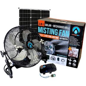 EXTREMEMIST 14" Solar Powered Misting Fan – 3 Mister Nozzles, 20W Solar Panel | Detachable Pump with 16ft. Misting Line | Perfect for Outdoors, Camping, Tailgating - Cools the air up to 30°F (17°C)
