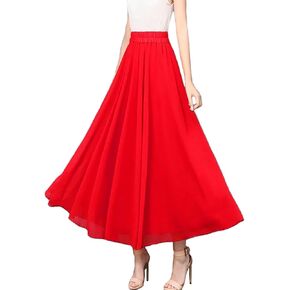 Women's Bohemian Elastic Waist Band Pleated Retro Maxi Long Skirt Dress