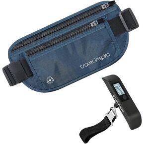 travel inspira RFID Blocking Travel Money Belt with Anti-Thief Zip - Slim Passport Holder and Digital Luggage Scale 110 Pounds, Battery Included