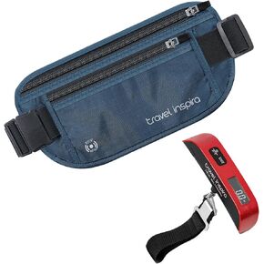 travel inspira RFID Blocking Travel Money Belt with Anti-Thief Zip - Slim Passport Holder and Digital Luggage Scale 110 Pounds, Battery Included