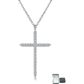 Luxfine Moissanite Cross Necklace for Women, 925 Sterling Silver Diamond Crucifix Pendant, 14K White Gold Plated Iced Out Jesus Christian Jewelry, Birthday Wedding Christmas Mother's Day Gift (17+2.5" Adjustable Chain, with Box)