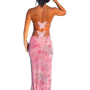 Women Backless Butterfly Dress Sexy V Neck Sleeveless Open Back Maxi Dress Party Cocktail Bodycon Long Dress