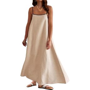 Womens Linen Maxi Dress Contrast Trim Spaghetti Straps Summer Outfits Travel Vacation Sleeveless Long Dresses