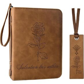 Bible Cover Case for Women, PU Leather Bible Case w/Detachable Wristlet Strap, Durable Bible Covers for Women, Waterproof Bible Cases for Woman, Debossed Floral Design