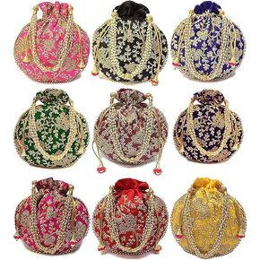 Indian Ethnic Potli Bag Ladies Handbag Purse for Bridal Batwa Pearls Handle Purse Clutch Purse for Women, Girls