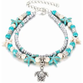Sea Turtle Starfish Anklet for Women Handmade Bohemian Layered Blue Ocean Animal Turtles Beaded Adjustable Anklets Foot Jewelry for Boho Summer Hawaiian Beach Holiday Party Fashion Jewelry Gifts