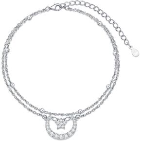 LUHE Star and Moon Ankle Bracelet 925 Sterling Silver Layered Anklets for Women Girls Adjustable Anklet Beads Boho Beach Foot Chain Jewelry Birthday Gifts