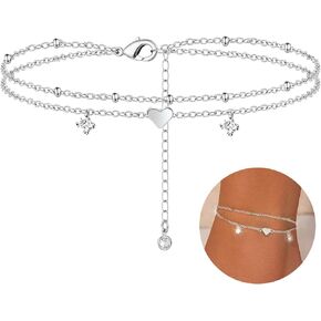 Anklet Bracelets for Women, Layered Heart Ankle Bracelet Silver Plated Cubic Zirconia & Heart Charm Anklets for Women, Summer Foot Jewelry Anklets Set Gifts for Her,Teen Girl, Mom, Wife, Girlfriend