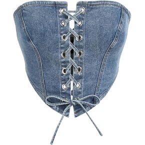 CIDER Women's Denim Lace Up Corset Crop Tube Top