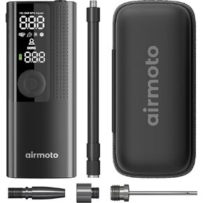 Airmoto and Carrying Case Bundle Deal - Tire Inflator Portable Air Compressor with Hard Case - Air Pump for Car Tires, Motorcycle, Bicycle - Cordless Tire Pump with Tire Pressure Gauge