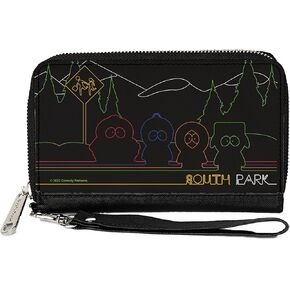 Comedy Central Wallet, Zip Around, South Park Boys At Bus Line Silhouette Black Multi Color, Vegan Leather