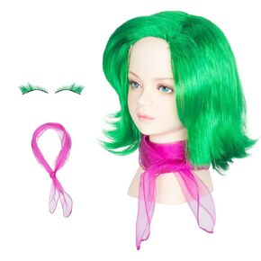 Kids Child Short Wavy Green Wig with Scarf False Eyelashes Anime Cosplay Wig